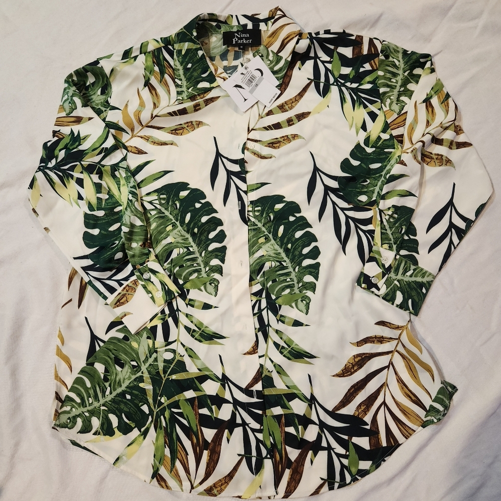 Nina Parker 1X Tropical Leaf Blouse NWT Palm Print